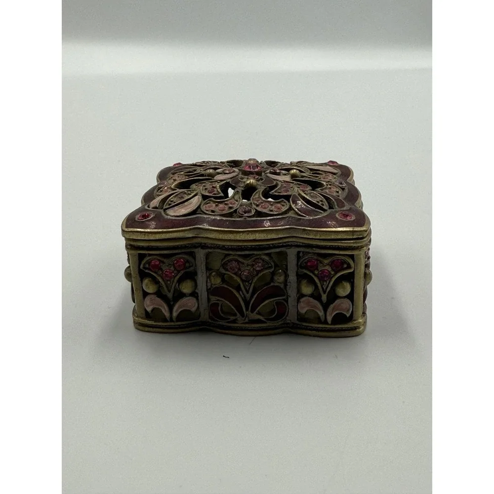 Vintage Style Filigree Trinket Box Burgundy‎ Enamel Pink Rhinestone Jewelry Case